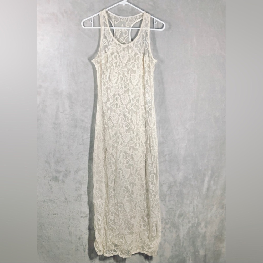 Sheer Lace Maxi Tank Dress Size S Ivory Floral Boho Y2K Fairy Festival Romantic